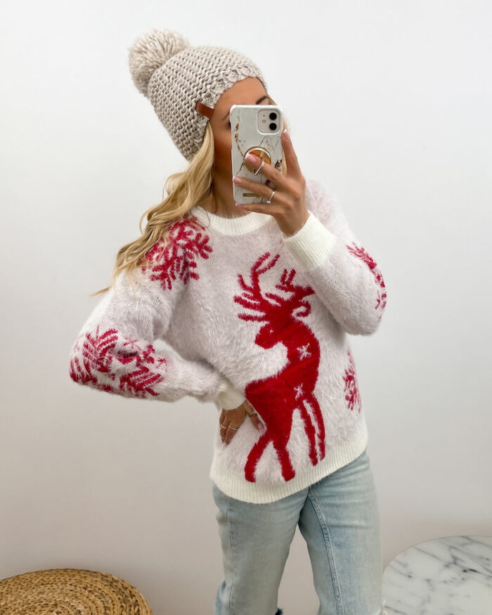 Sweter świąteczny damski w kolorze białym z czerwonym reniferem