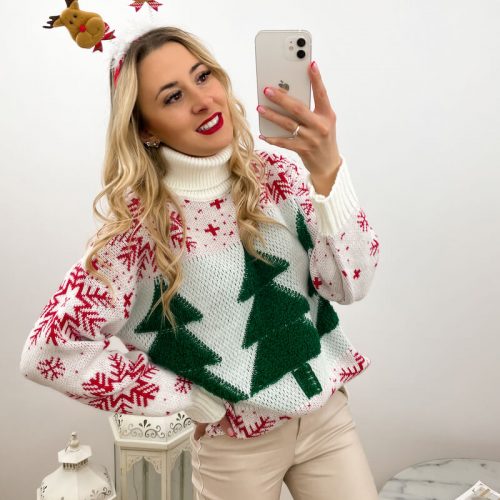 Sweter świąteczny damski z golfem z choinkami i płatkami śniegu w rozmiarze uniwersalnym
